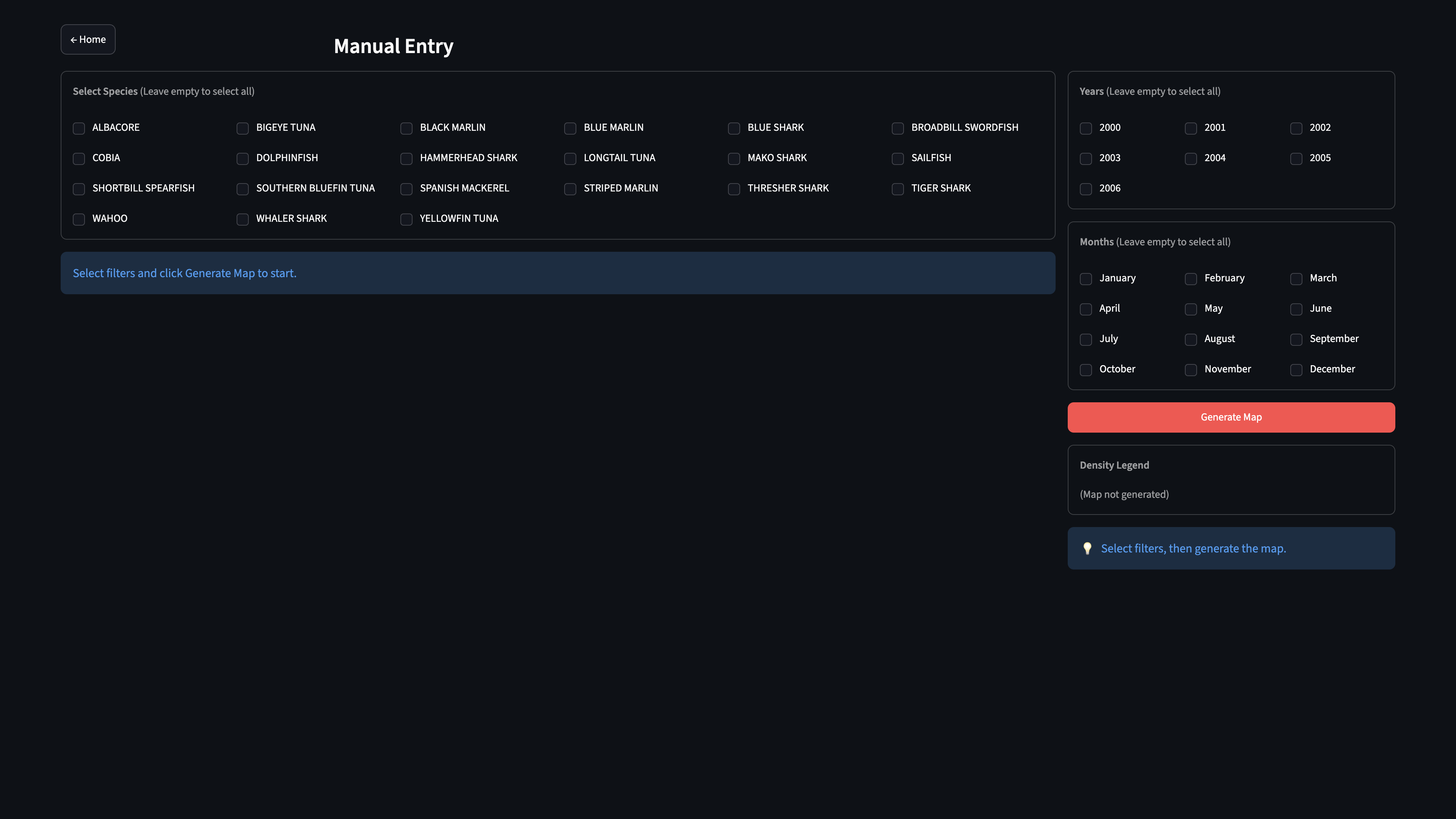 Streamlit Manual Entry dashboard with species, year, and month filters